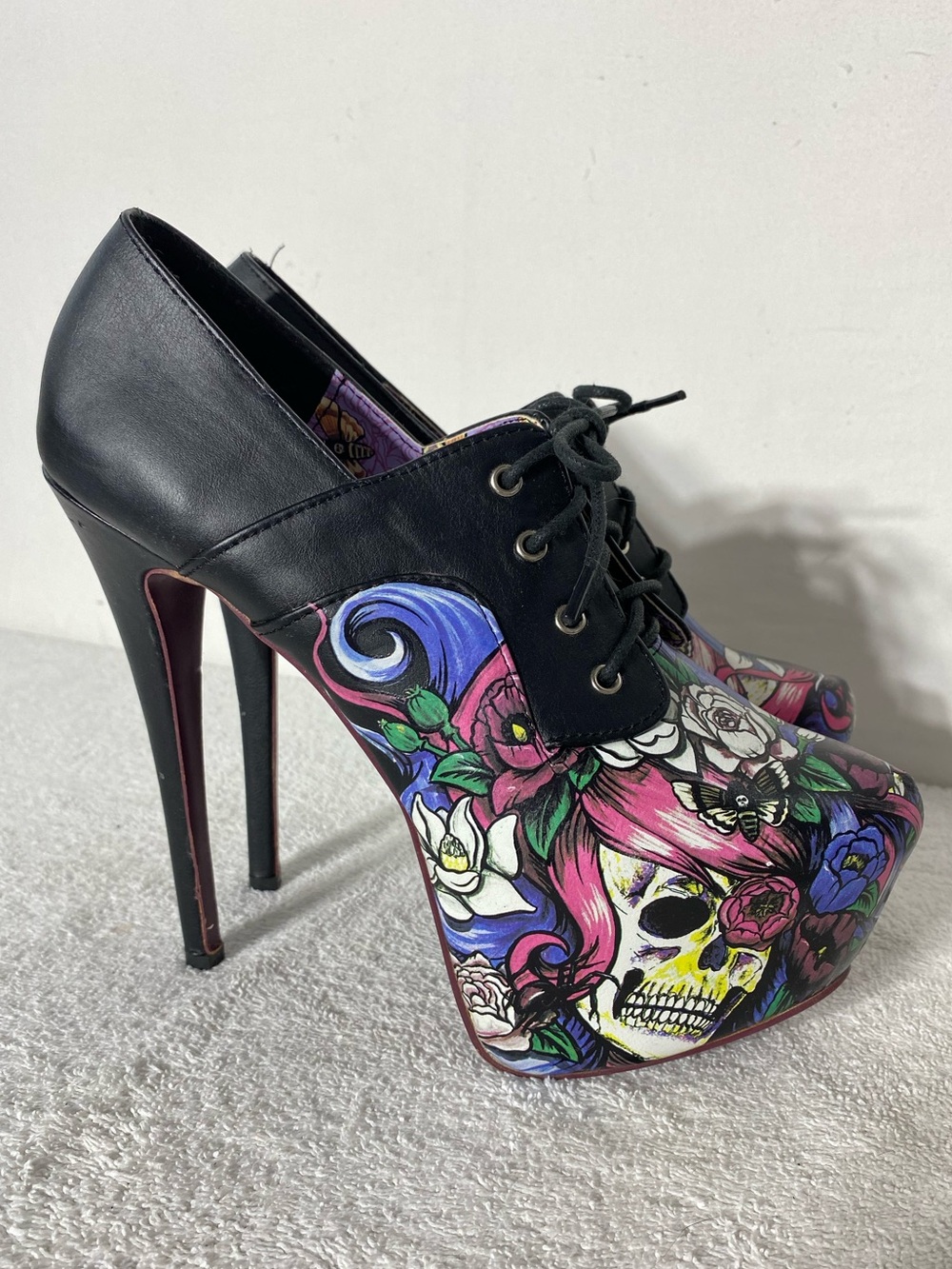 Vintage Y2K Rare Iron Fist Dead Crazy Lace Up Skull Floral Platform Heels 40